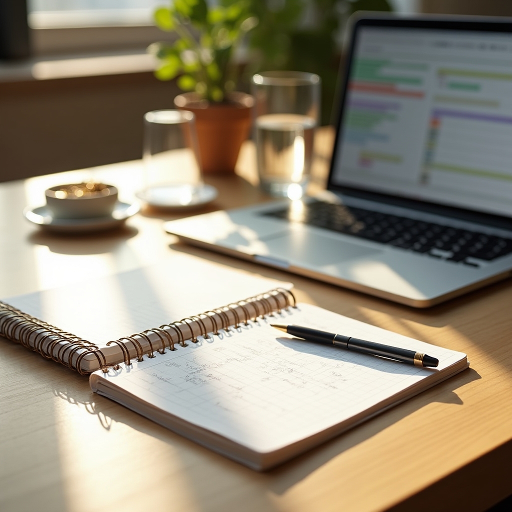 Geordneter Arbeitsplatz mit Laptop, Notizbuch und Datentabellen