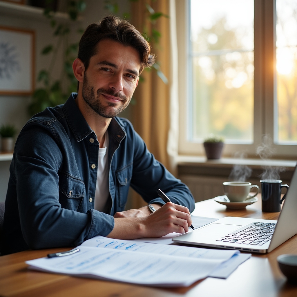 Person plant nächste Schritte an einem aufgeräumten Schreibtisch mit Notizbuch und Kaffee