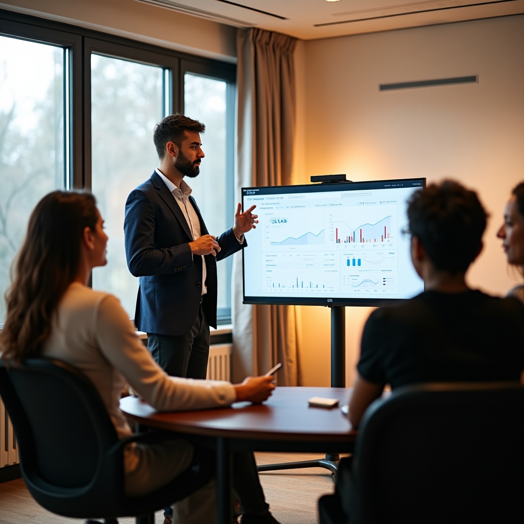 Reporting-Workshop mit kleinem Unternehmerteam in einem hellen Büro