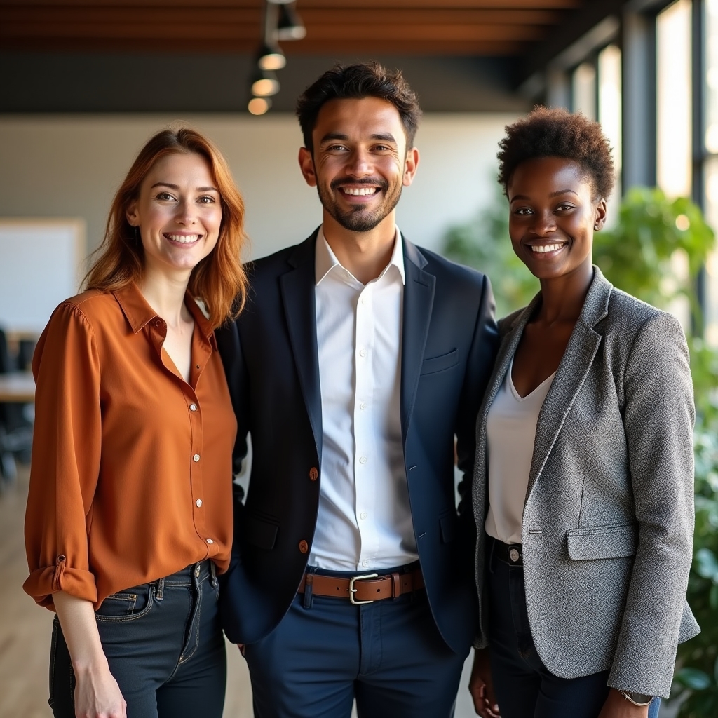 Porträt des Belunvora-Teams in einem hellen modernen Büro, drei Personen, lächelnd